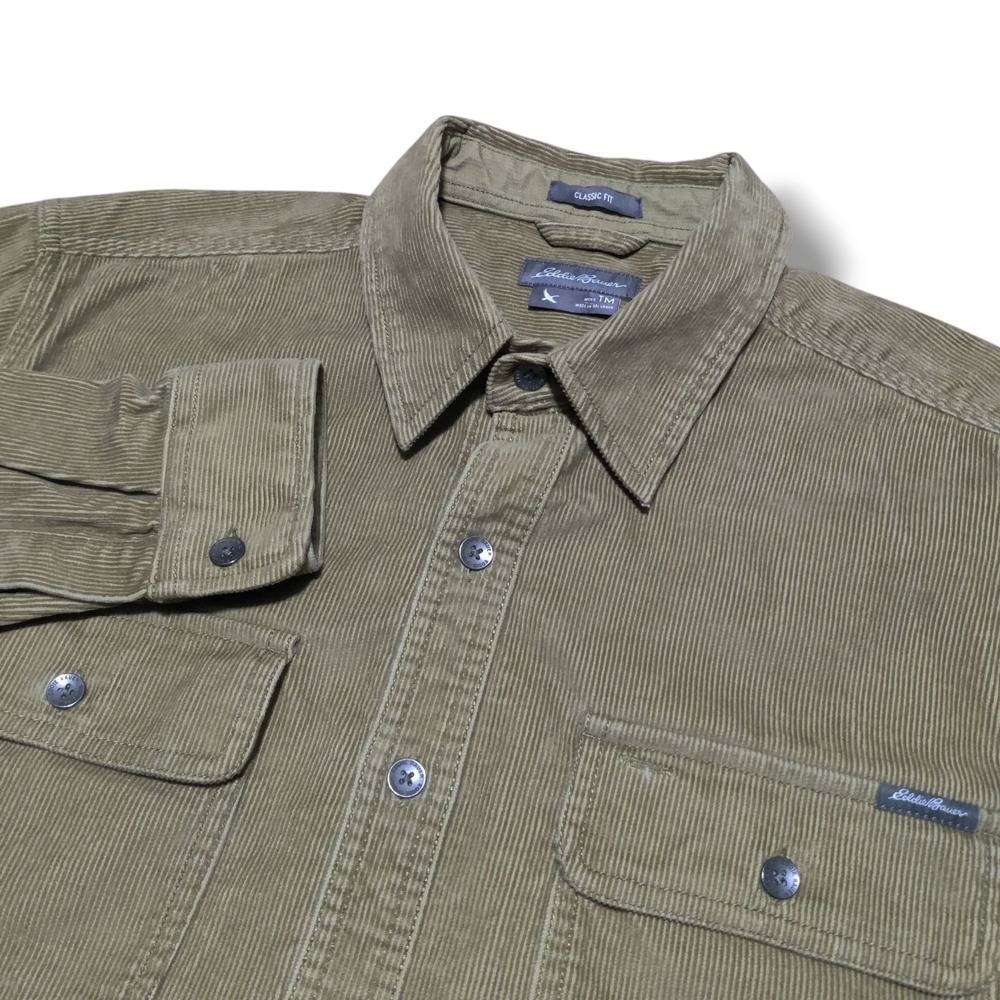 Eddie Bauer Shirt Mens Medium Tan / Sand Corduroy Metal Button Up Elbow Patches